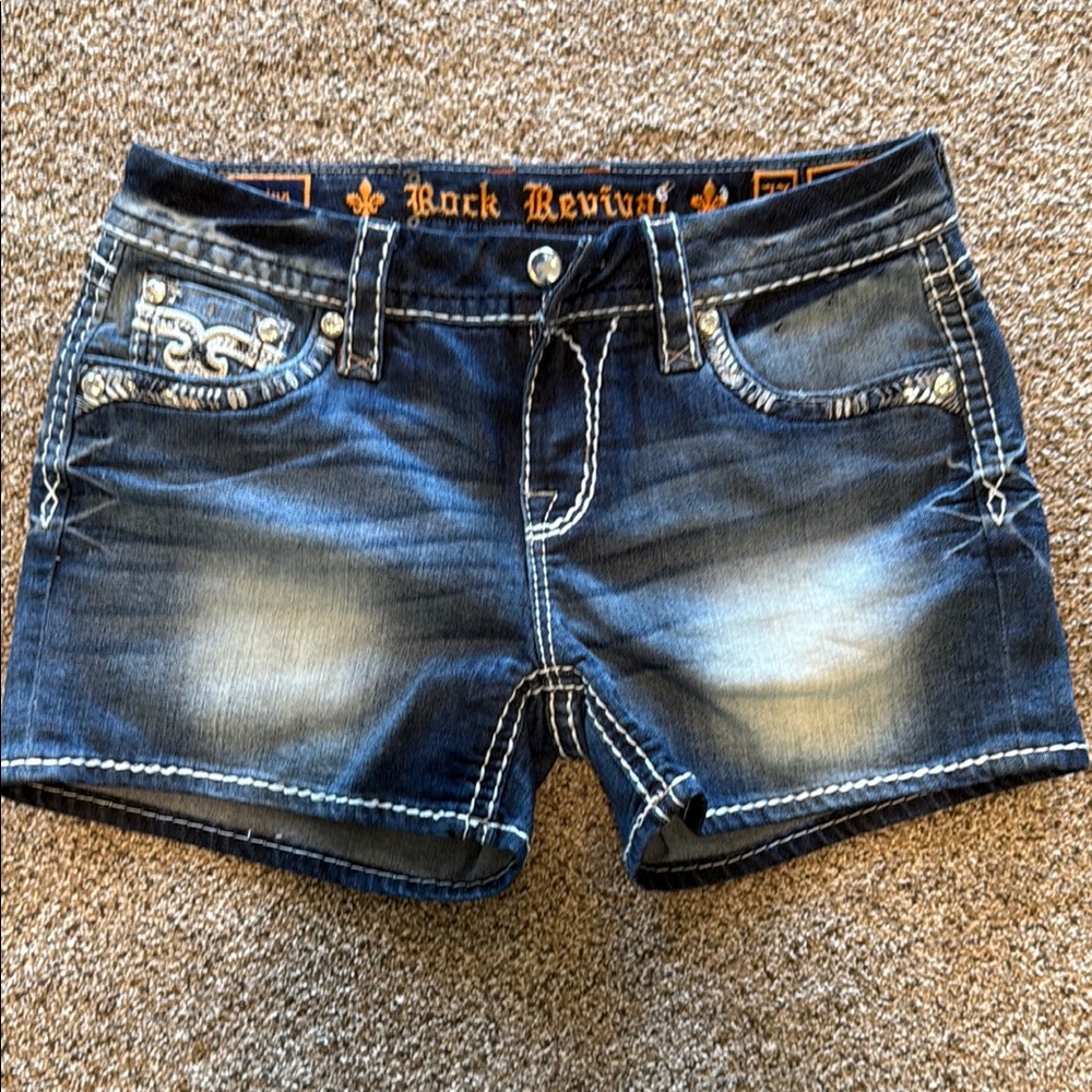 Rock Revival Blue Jean Shorts with Rolled Hem and Contrast Stitching